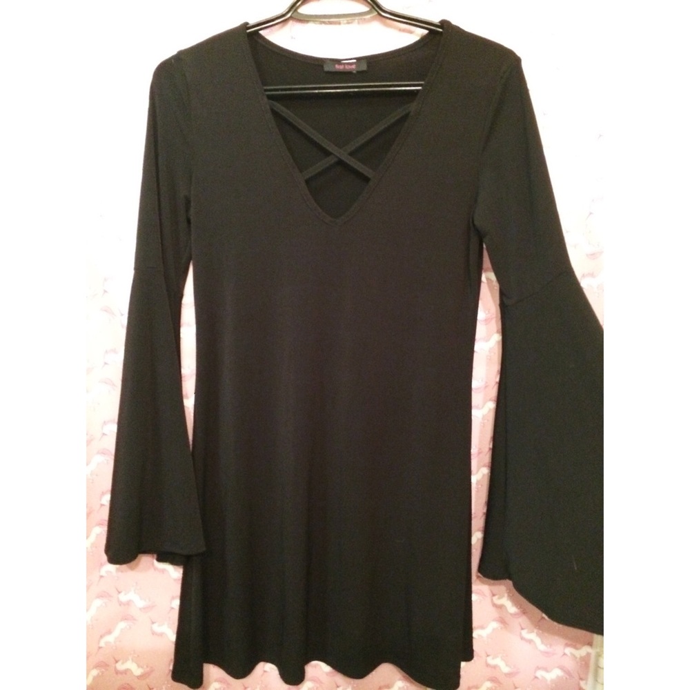 Black crisscross bell sleeve mini dress
